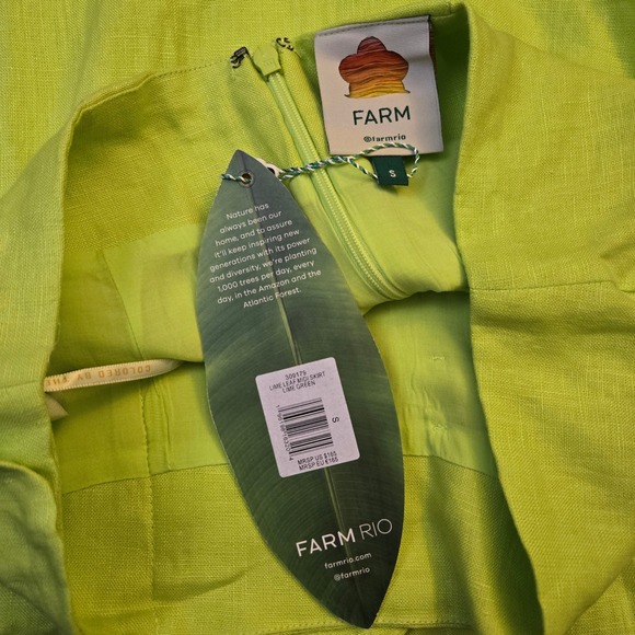 FARM Rio Lime Leaf Midi Skirt Linen Green S Tropical Vacation Resortwear NWT - Picture 7 of 12